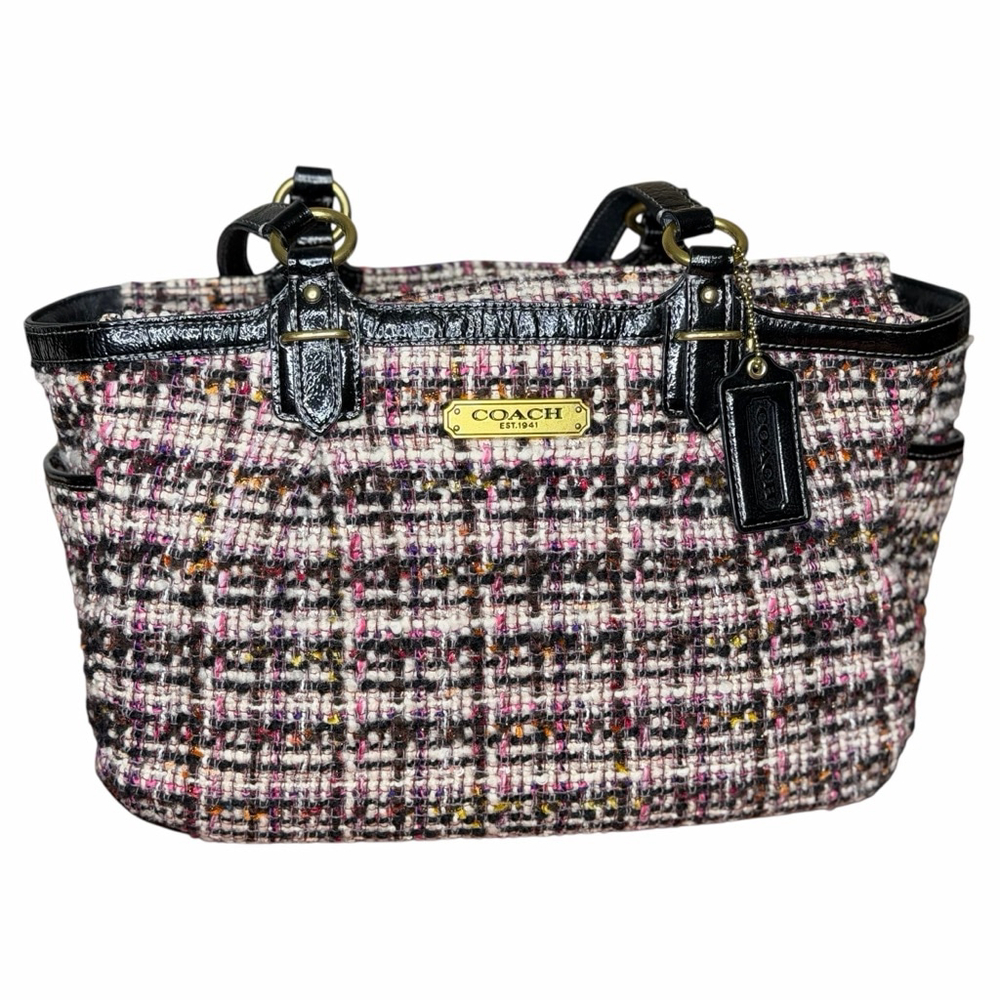 Coach Galaxy Tweed Tote Bag Wool Boucle & Patent Leather Purse